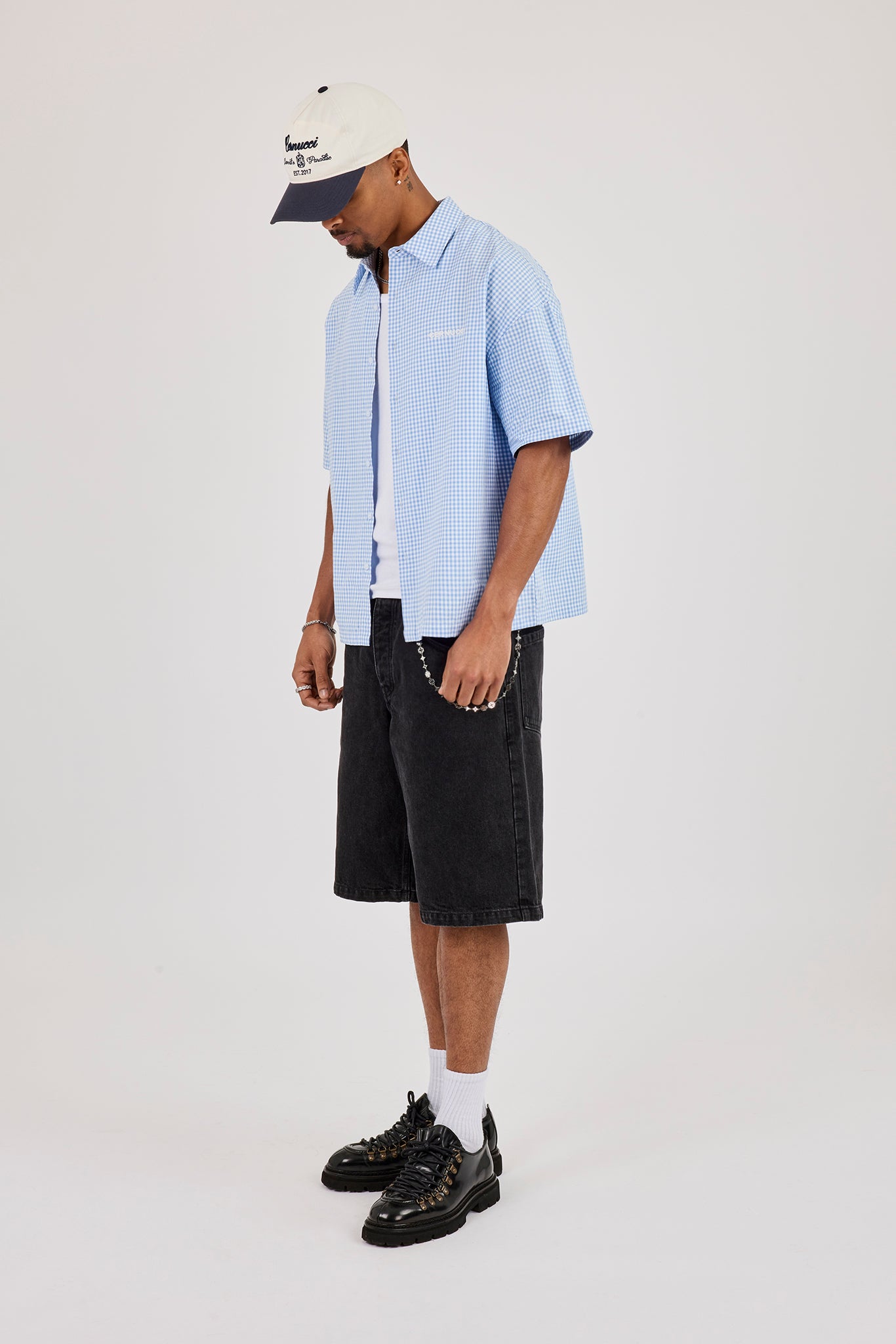Short Sleeve Check Print Shirt - Blue